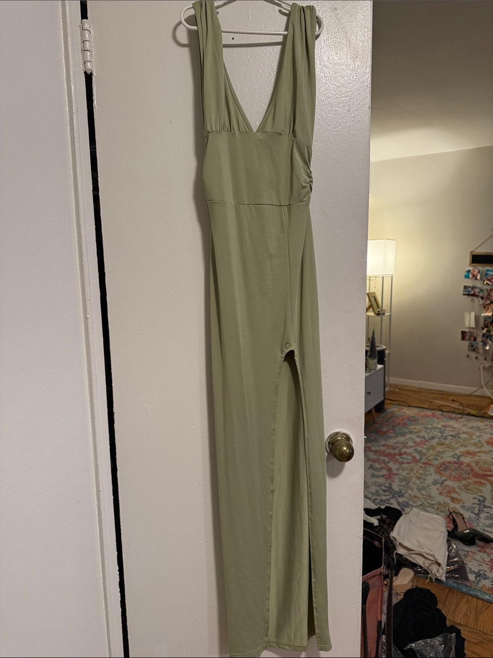 Olive Green V-Neck Maxi Dress with Front Slit